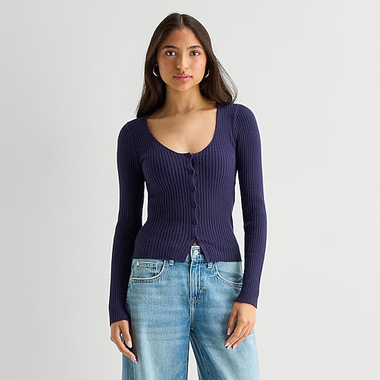 Arizona Womens Juniors V Neck Long Sleeve Button Cardigan