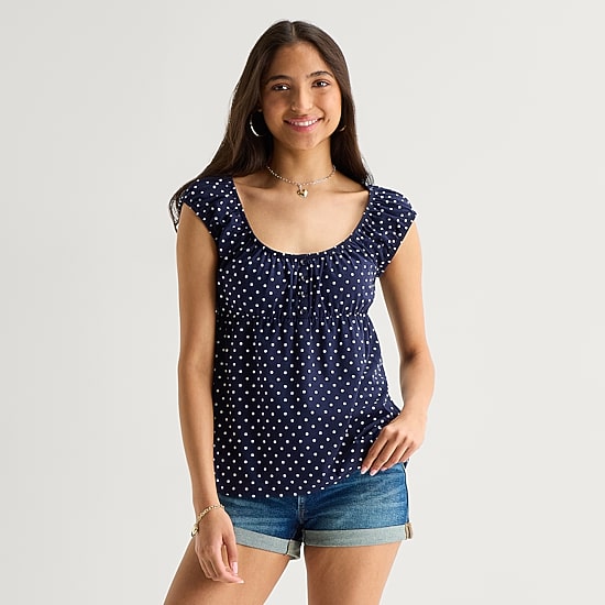 Arizona Womens Juniors Scoop Neck Short Sleeve Babydoll Top