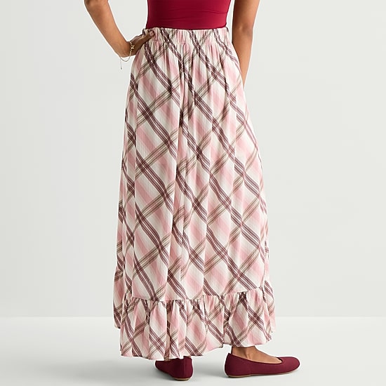 Arizona Womens Juniors Mid Rise Maxi Skirt, Color: Ivory Plaid