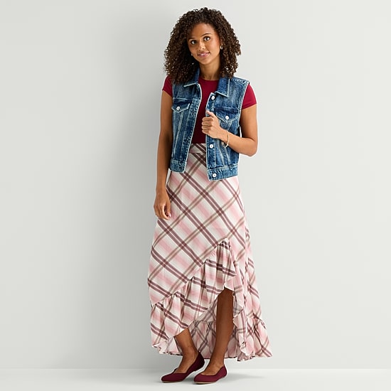Arizona Womens Juniors Mid Rise Maxi Skirt, Color: Ivory Plaid