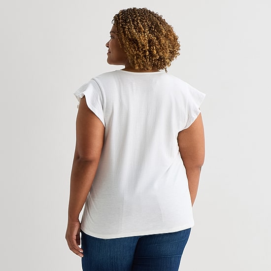 St. John's Bay Womens Plus Split Crew Neck Short Sleeve Blouse