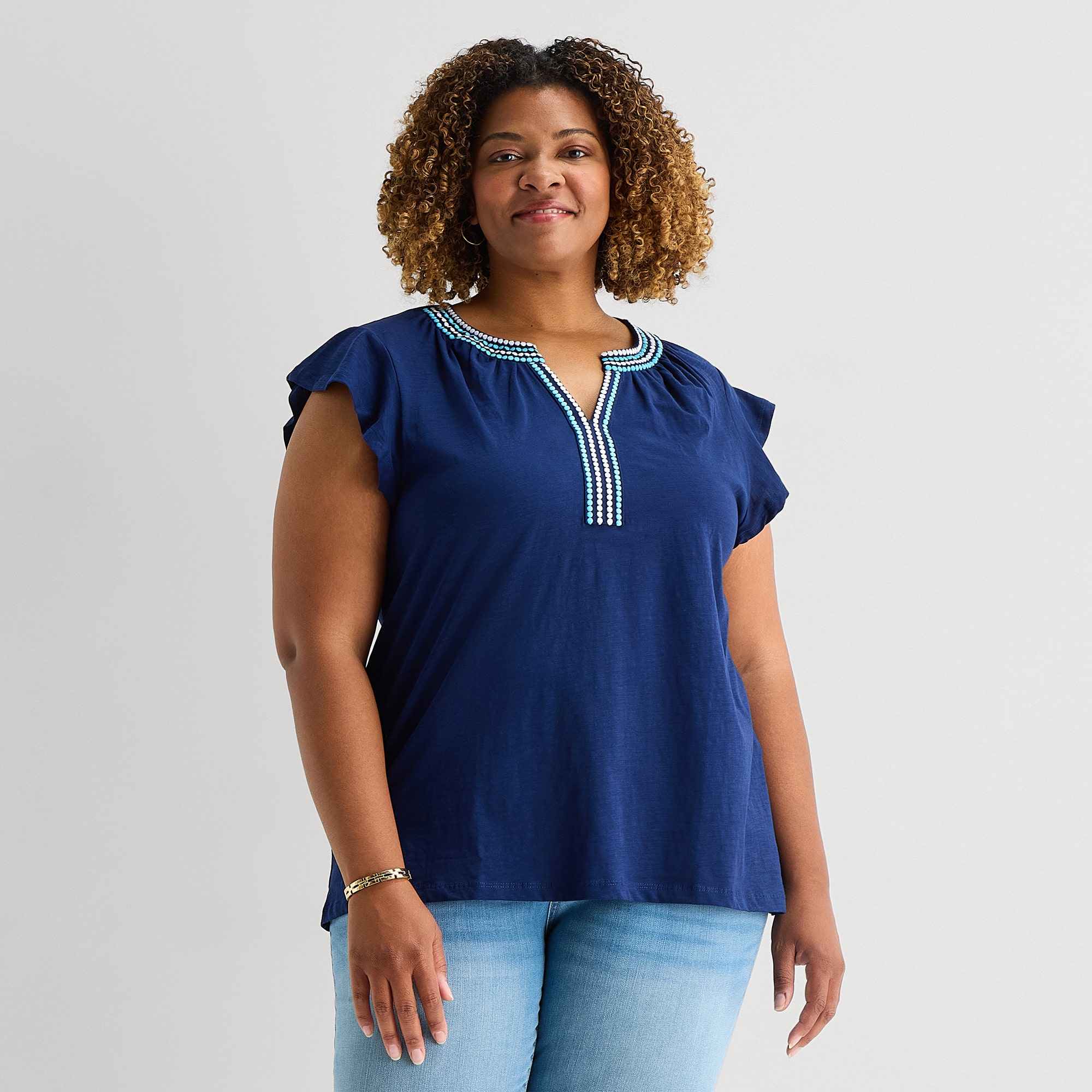 St. John's Bay Womens Plus Split Crew Neck Short Sleeve Blouse