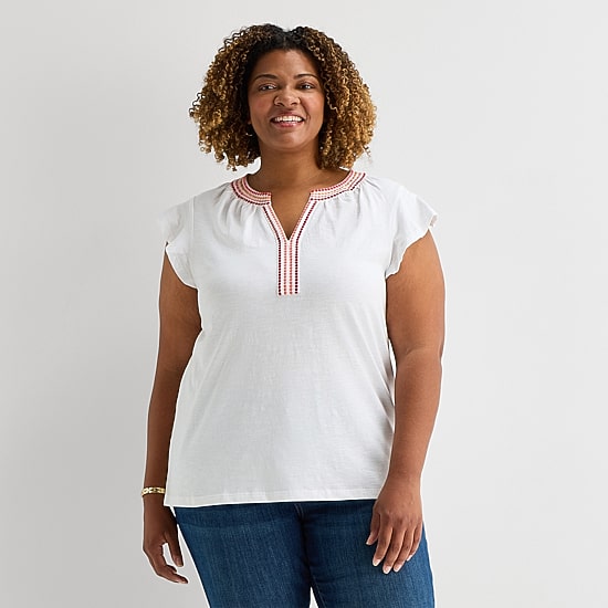 St. John's Bay Womens Plus Split Crew Neck Short Sleeve Blouse