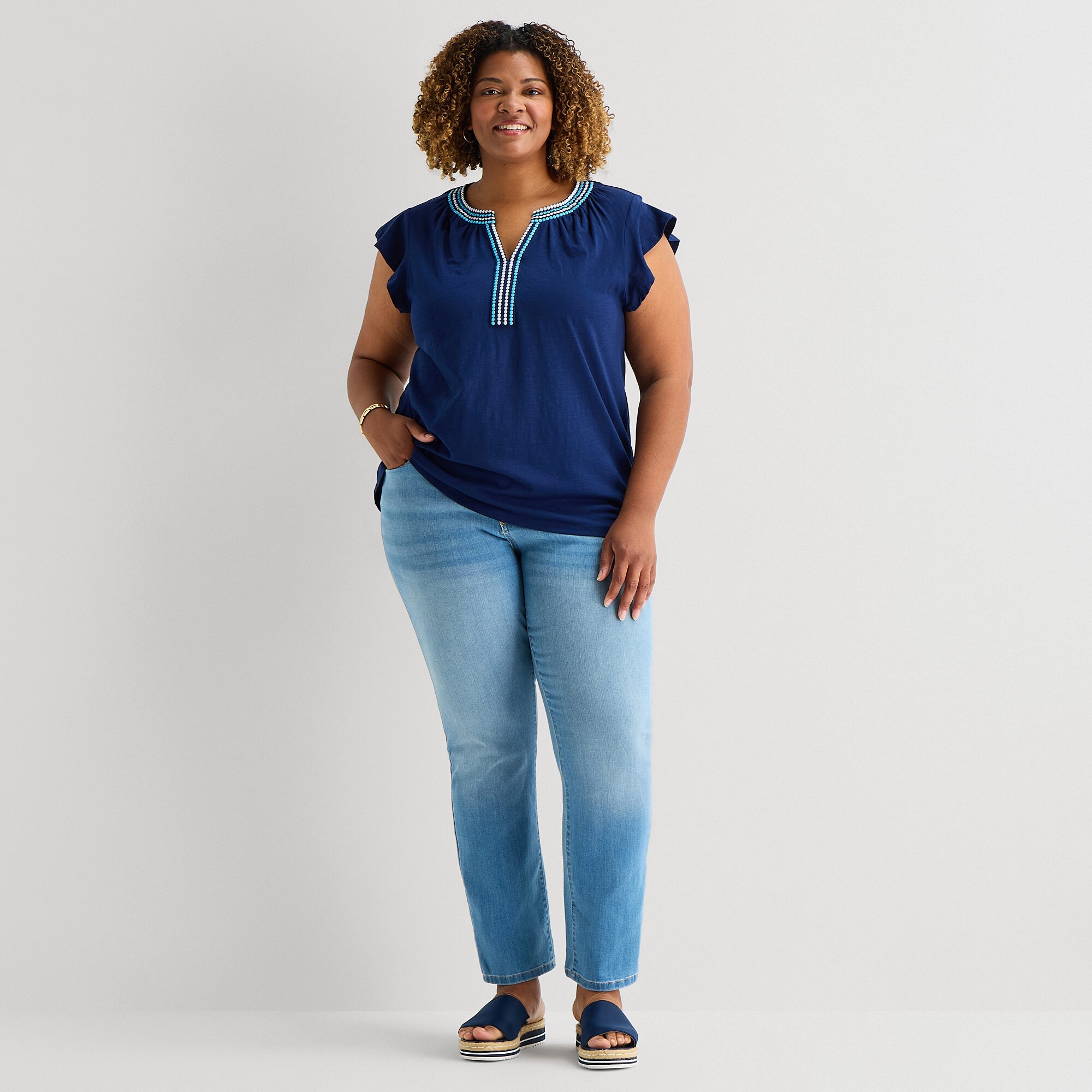 St. John's Bay Womens Plus Split Crew Neck Short Sleeve Blouse