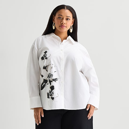 Worthington Plus Womens Embellished Button Front Shirt