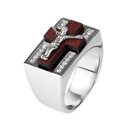 Mens Cubic Zirconia Stainless Steel & Wood Crucifix Ring