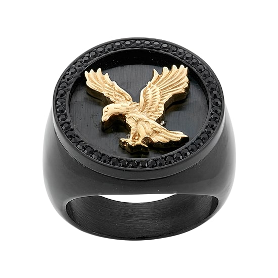 Mens Crystal Stainless Steel & Black IP Eagle Signet Ring
