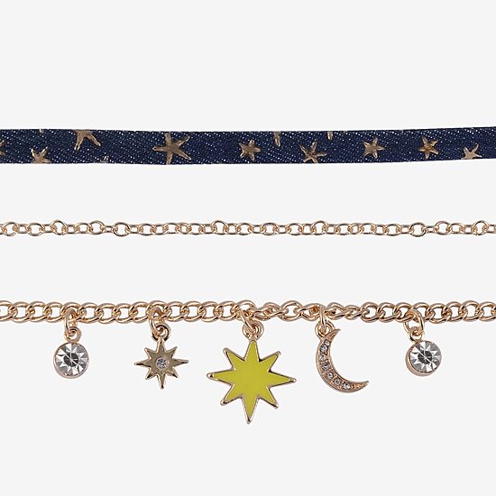 Arizona Gold Tone & Chambray Womens Glass Moon Star Sunburst 12 Inch Choker Necklace