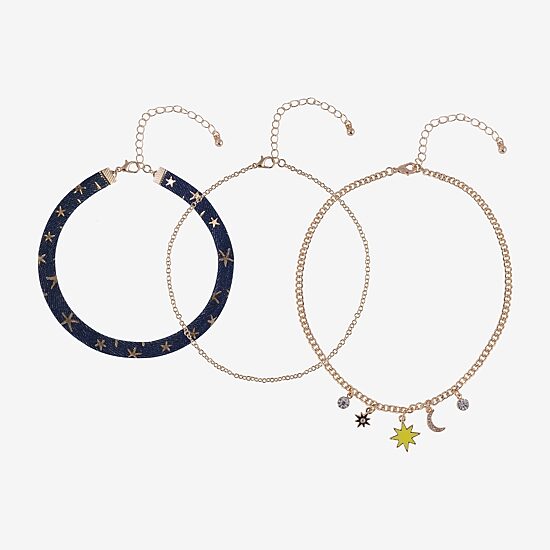 Arizona Gold Tone & Chambray Womens Glass Moon Star Sunburst 12 Inch Choker Necklace