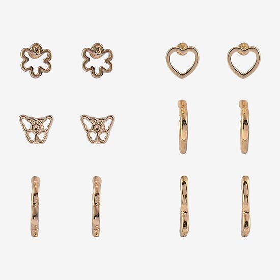 Arizona Gold Tone Womens Butterfly Flower Heart 6 Pair Earring Set