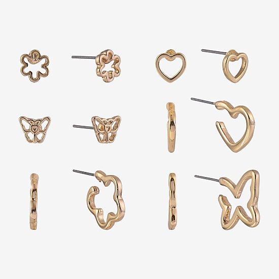 Arizona Gold Tone Womens Butterfly Flower Heart 6 Pair Earring Set