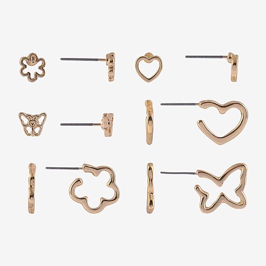 Arizona Gold Tone Womens Butterfly Flower Heart 6 Pair Earring Set