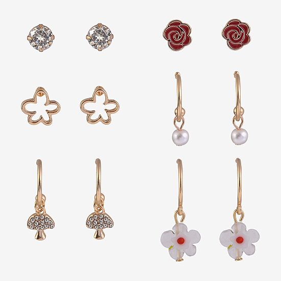 Arizona Gold Tone Rose Mushroom Womens Glass Flower 6 Pair Earring Set