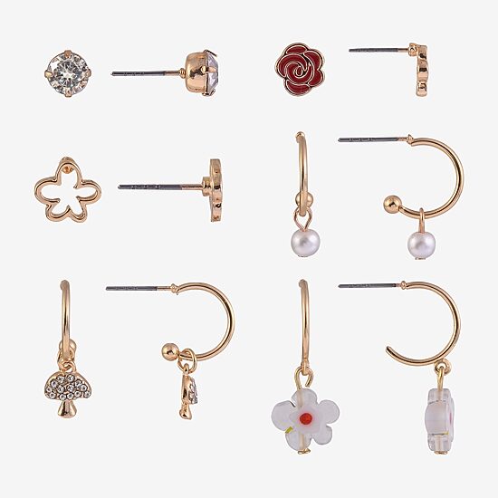Arizona Gold Tone Rose Mushroom Womens Glass Flower 6 Pair Earring Set