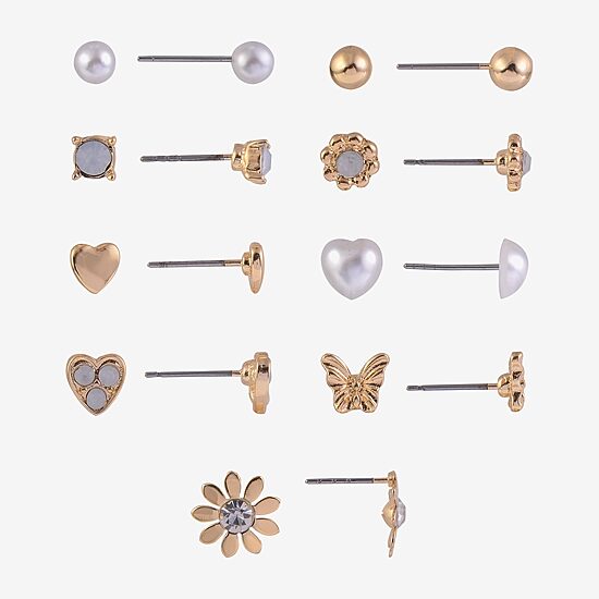 Arizona Gold Tone Daisy Womens Glass Butterfly Flower Heart 9 Pair Earring Set