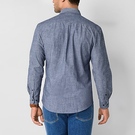 U.S. Polo Assn. Solid Canvas Slub Mens Y Neck Long Sleeve Classic Fit Embroidered Button-Down Shirt