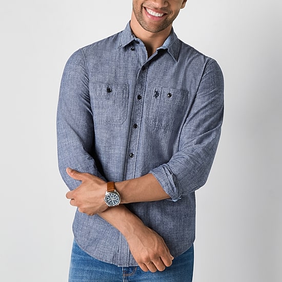 U.S. Polo Assn. Solid Canvas Slub Mens Y Neck Long Sleeve Classic Fit Embroidered Button-Down Shirt