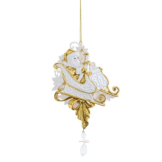 North Pole Trading Co. Gold White Santa Sleigh Christmas Ornament