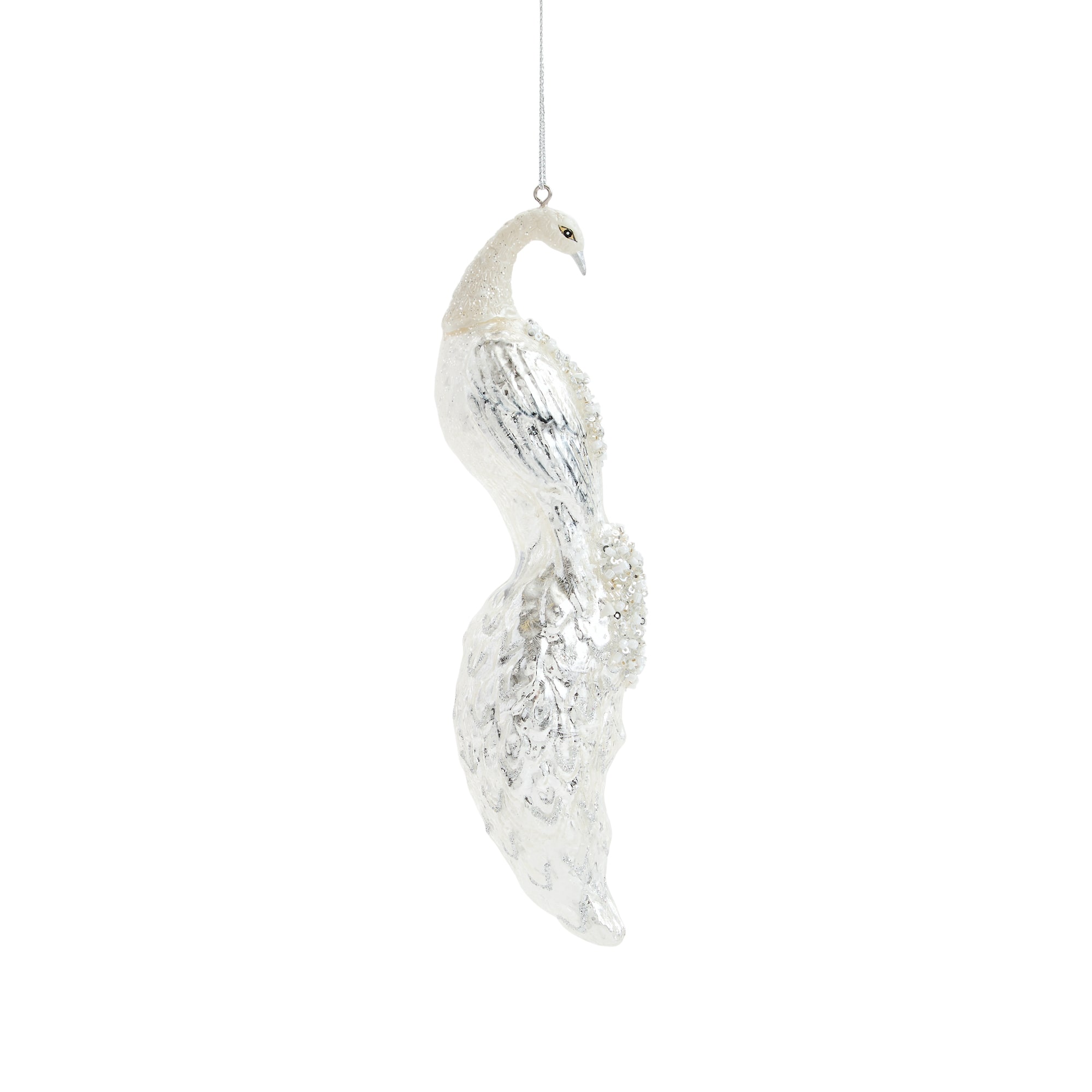 North Pole Trading Co. Glass Silver Peacock Christmas Ornament