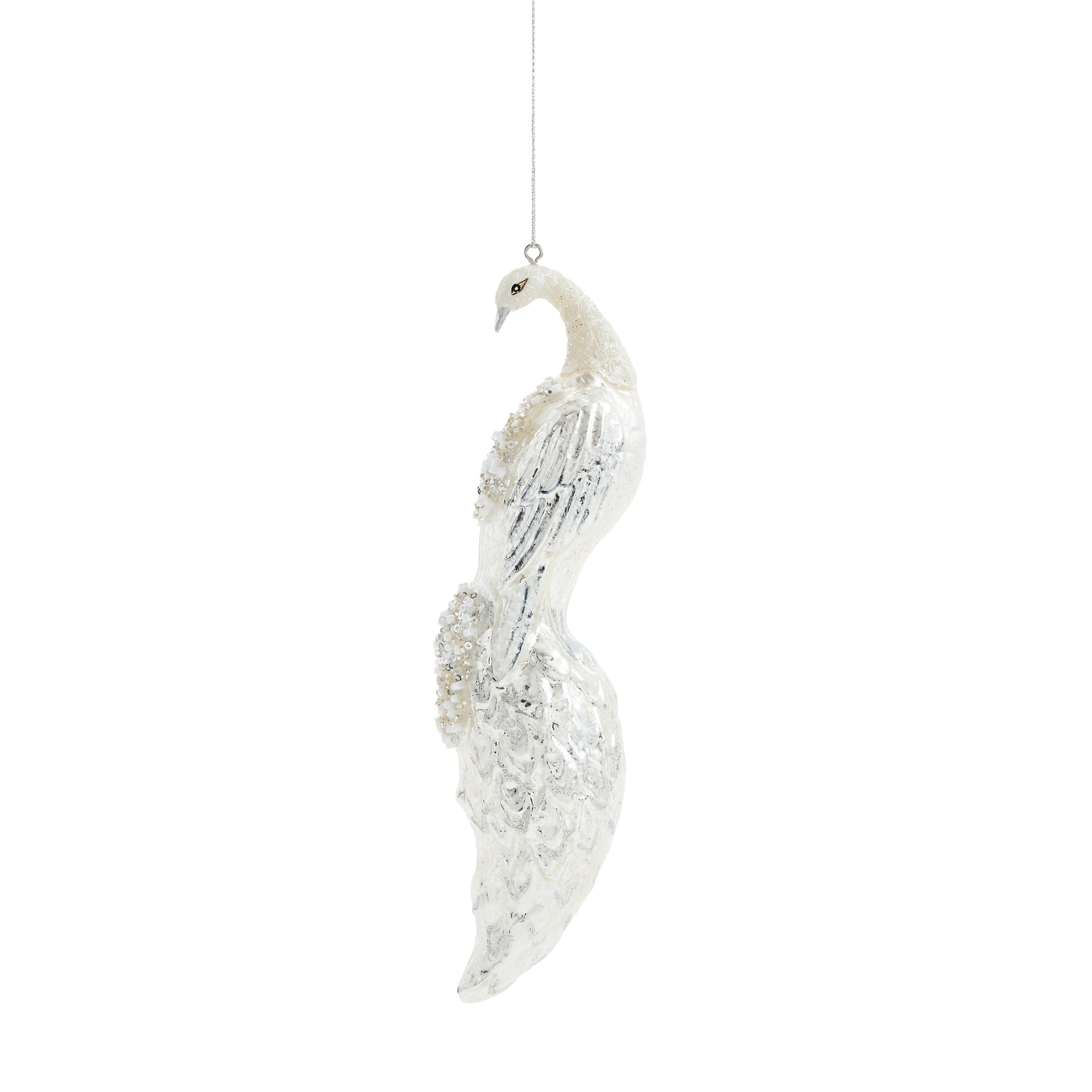 North Pole Trading Co. Glass Silver Peacock Christmas Ornament
