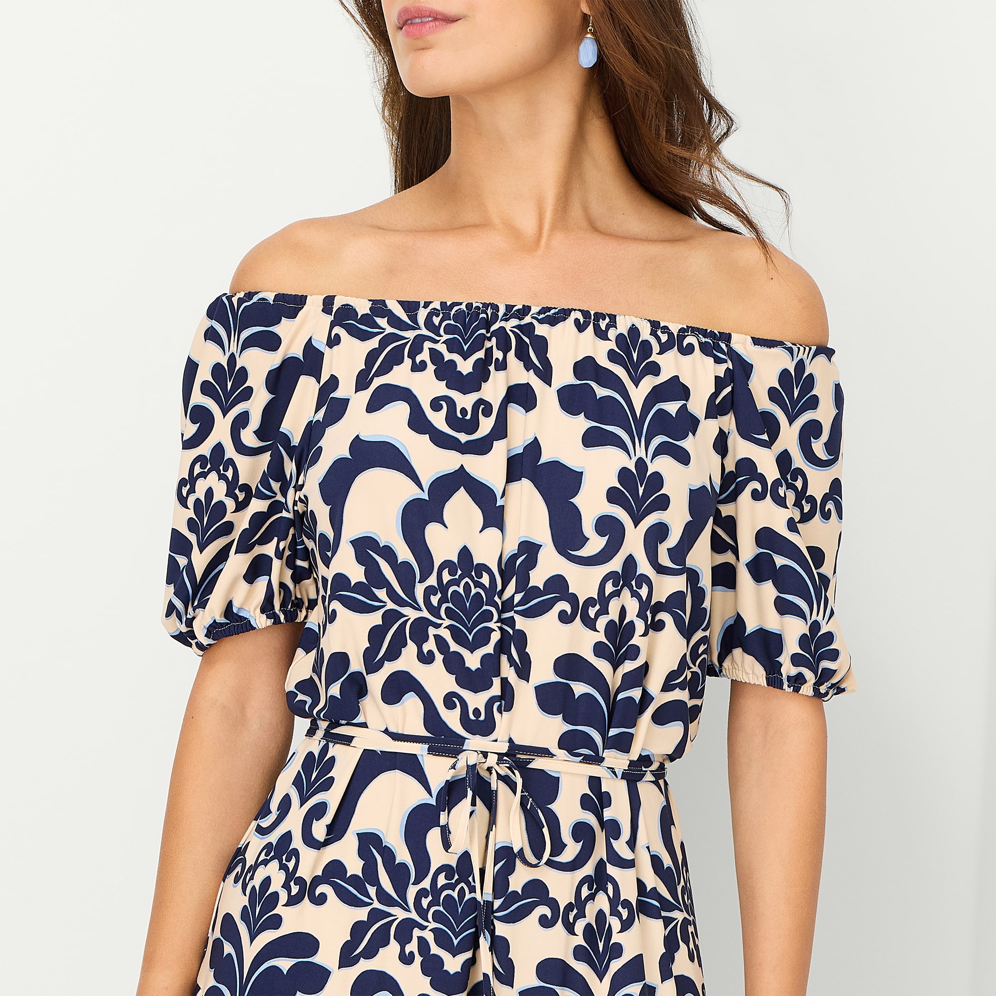 Danny & Nicole Womens Straight Neck Short Sleeve Raglan Medallion Fit + Flare Dress