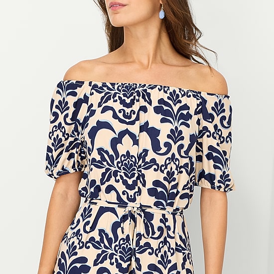 Danny & Nicole Womens Straight Neck Short Sleeve Raglan Medallion Fit + Flare Dress