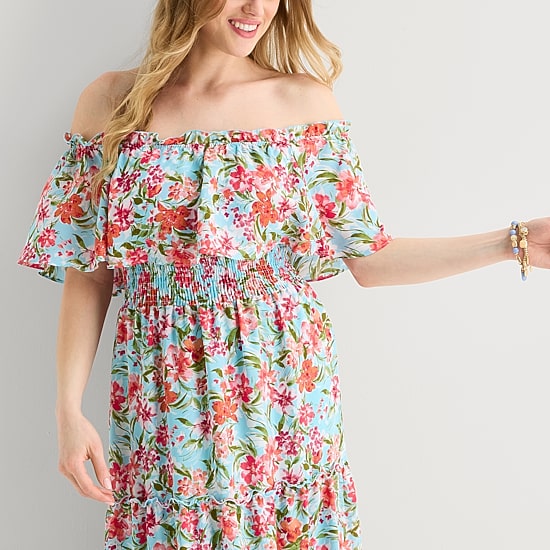 Rabbit Rabbit Rabbit Design Womens Midi Straight Neck Short Sleeve Off the Shoulder Floral Fit + Flare Dress