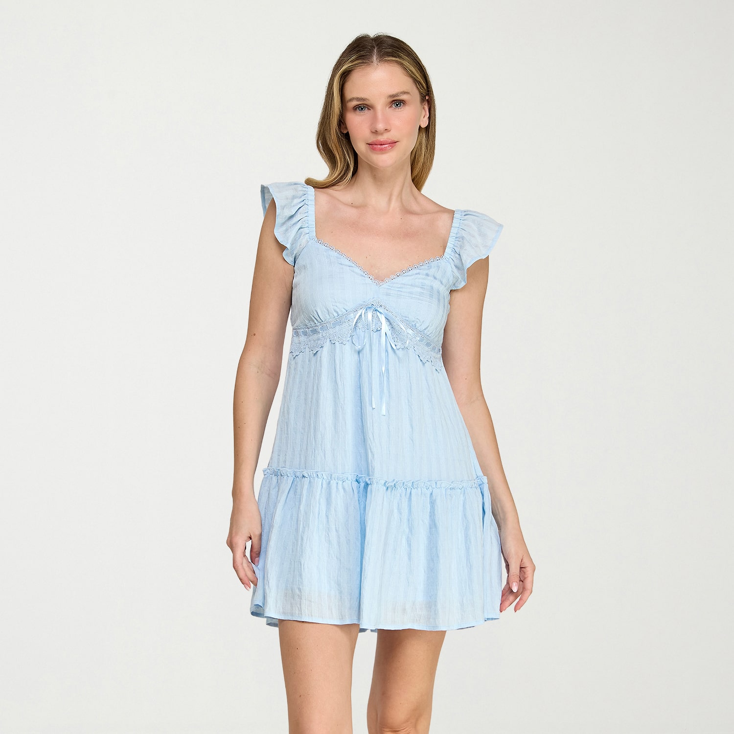 Trixxi Womens V Neck Short Sleeve Flutter Fit + Flare Dress