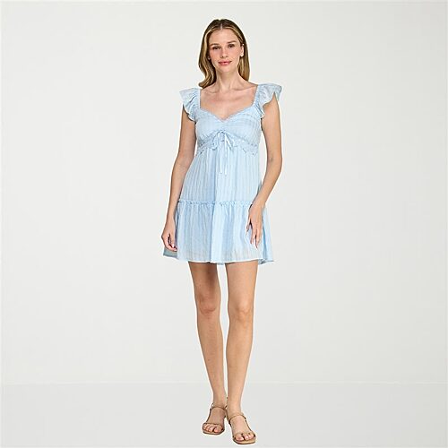 Trixxi Womens V Neck Short Sleeve Flutter Fit + Flare Dress In Blue