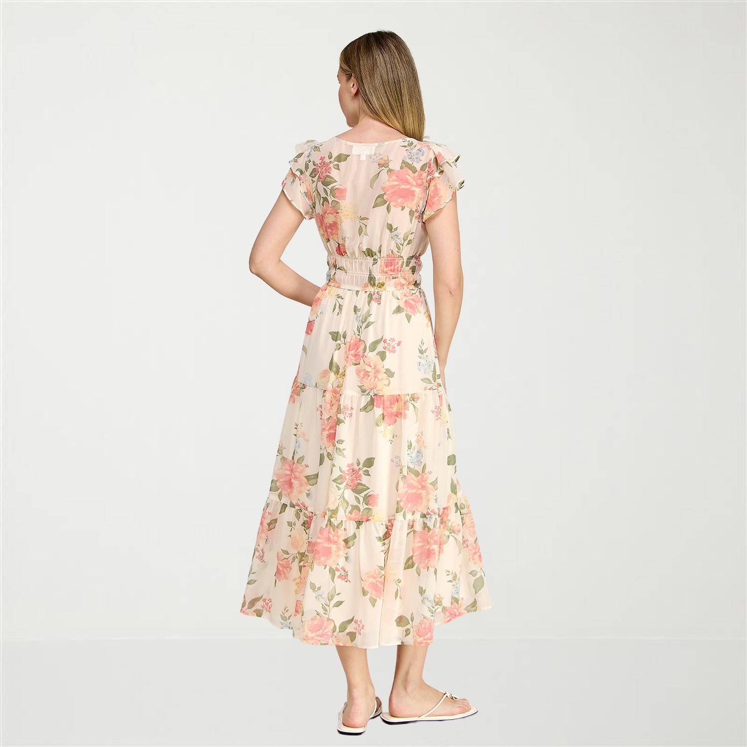Trixxi Womens Midi V Neck Short Sleeve Flutter Chiffon Floral Fit + Flare Dress