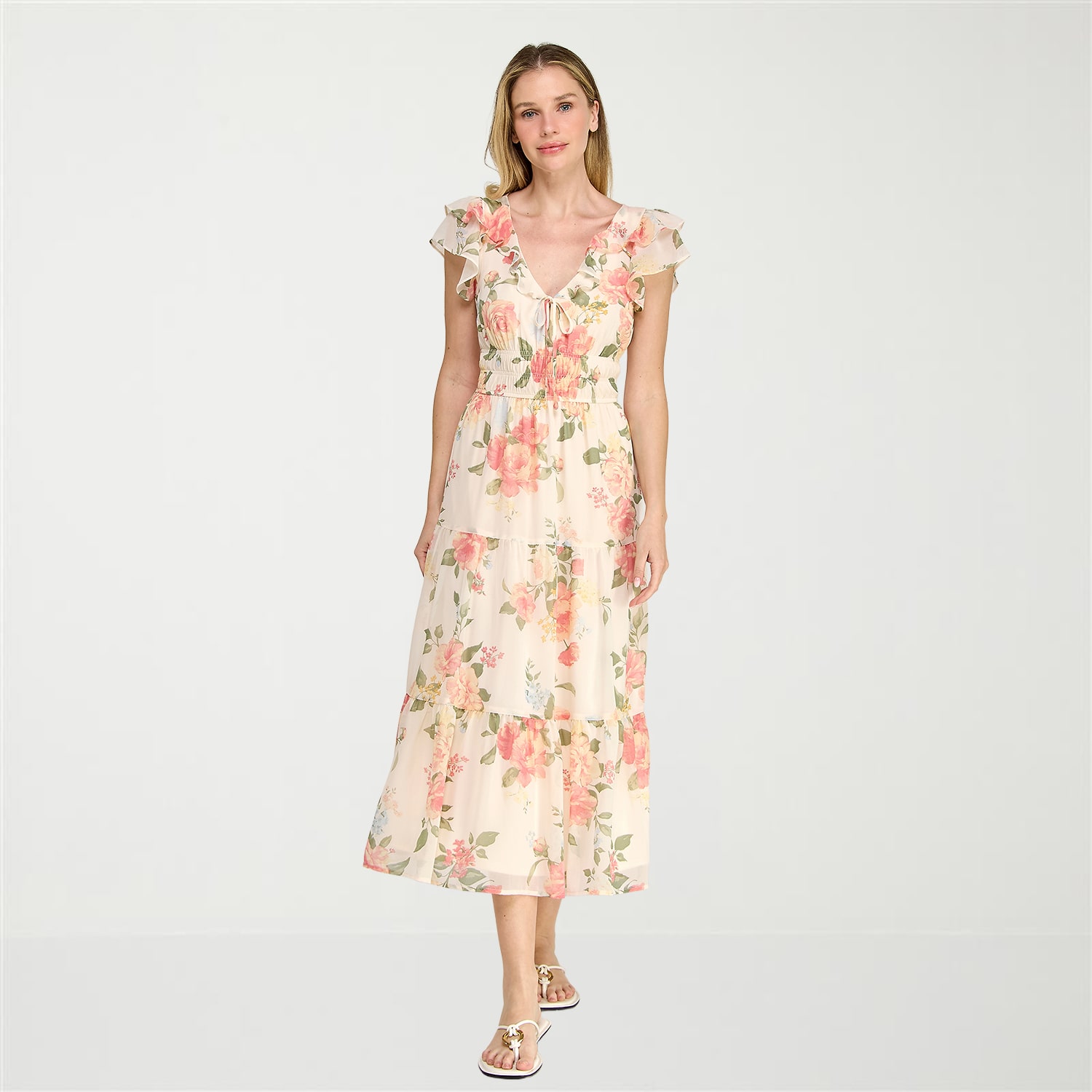 Trixxi Womens Midi V Neck Short Sleeve Flutter Chiffon Floral Fit + Flare Dress