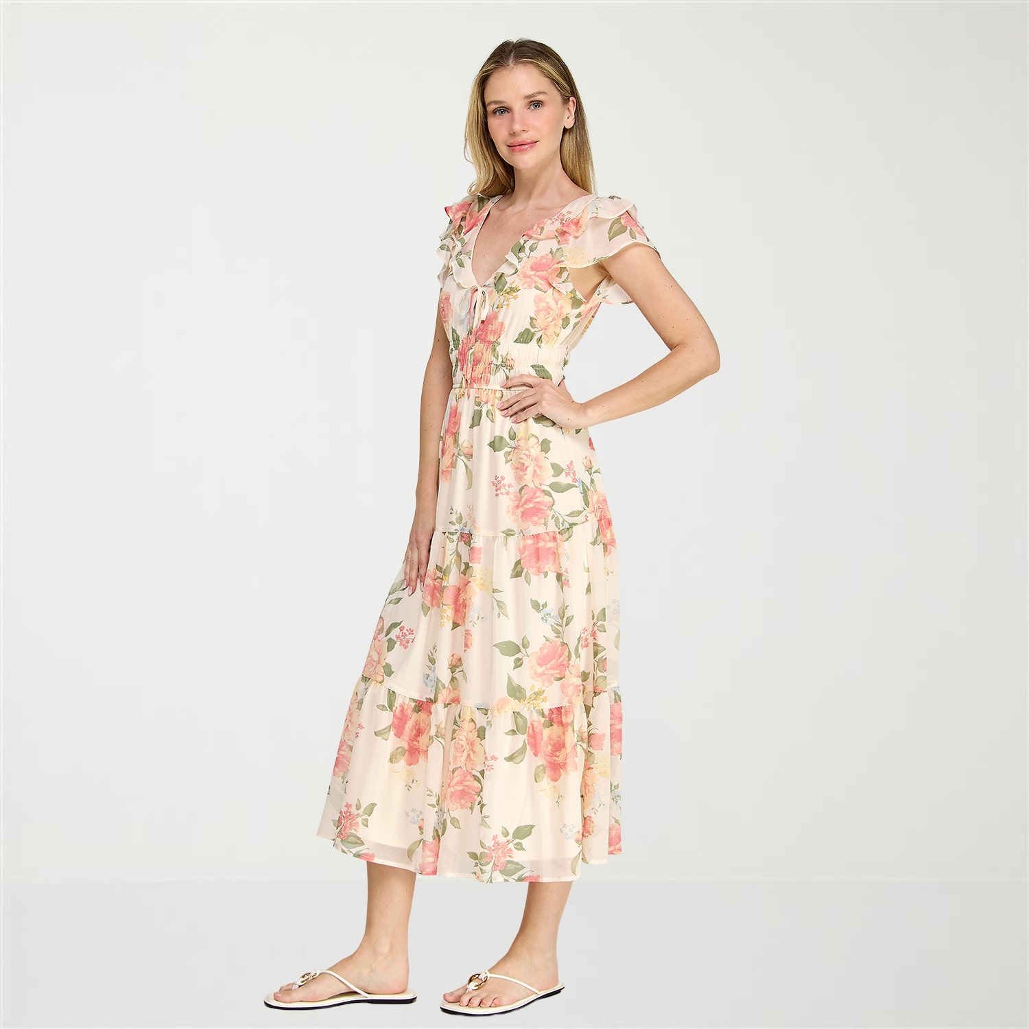 Trixxi Womens Midi V Neck Short Sleeve Flutter Chiffon Floral Fit + Flare Dress