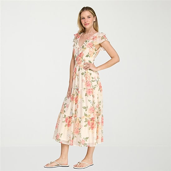 Trixxi Womens Midi V Neck Short Sleeve Flutter Chiffon Floral Fit + Flare Dress