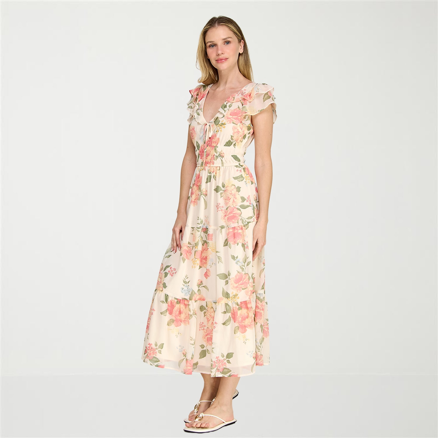 Trixxi Womens Midi V Neck Short Sleeve Flutter Chiffon Floral Fit + Flare Dress
