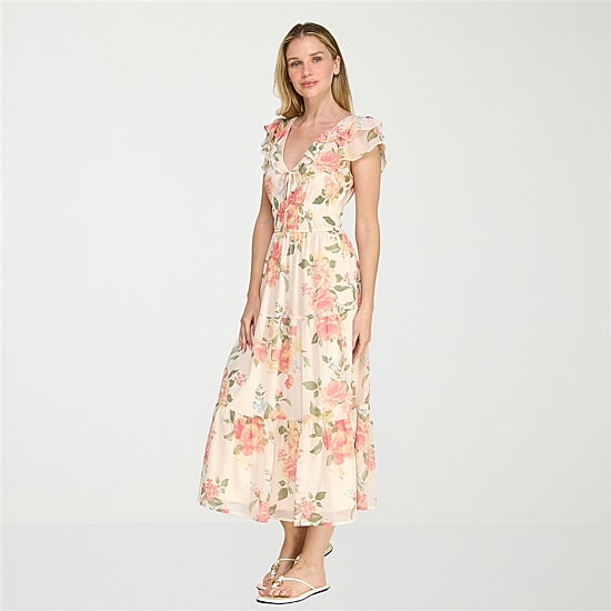 Trixxi Womens Midi V Neck Short Sleeve Flutter Chiffon Floral Fit + Flare Dress
