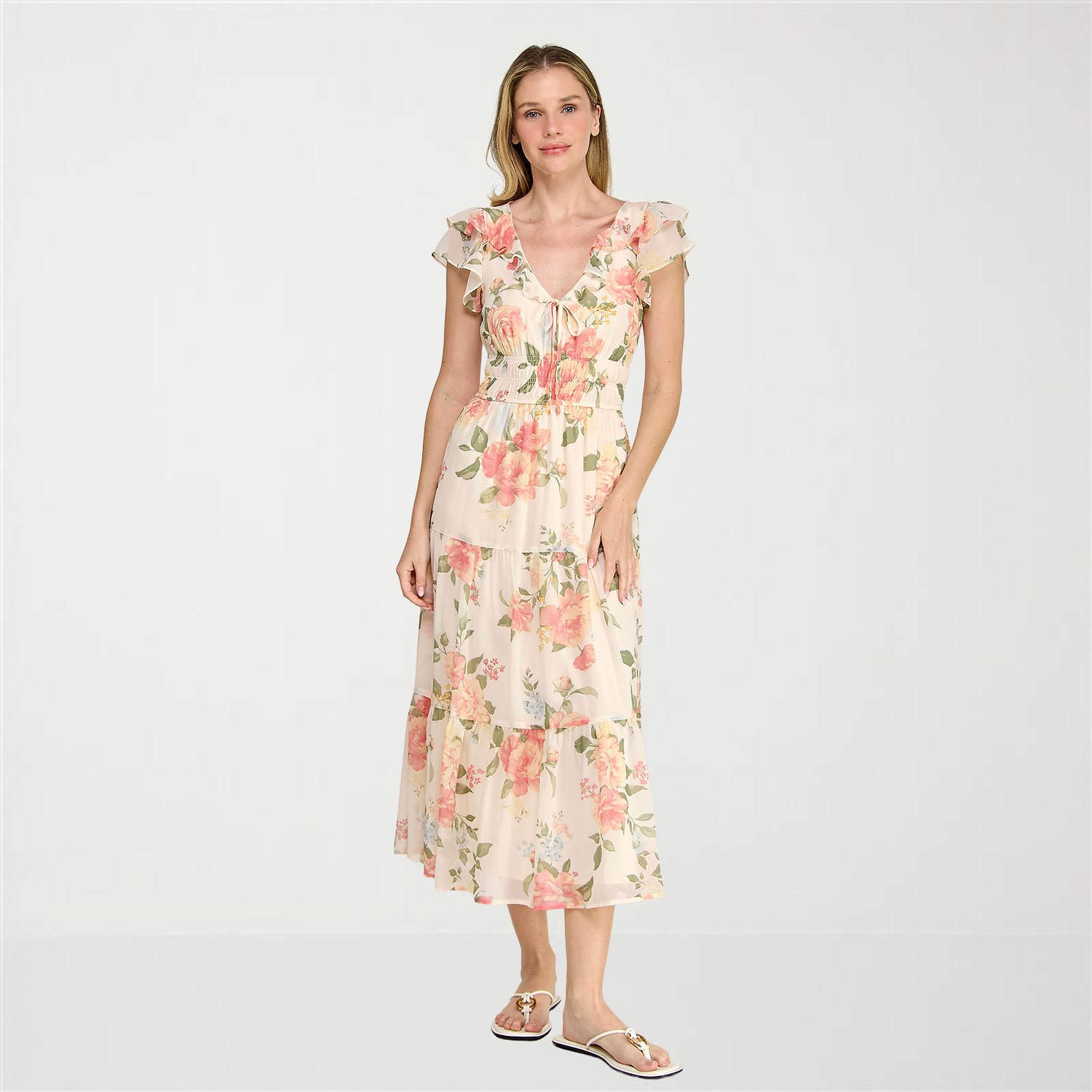 Trixxi Womens Midi V Neck Short Sleeve Flutter Chiffon Floral Fit + Flare Dress