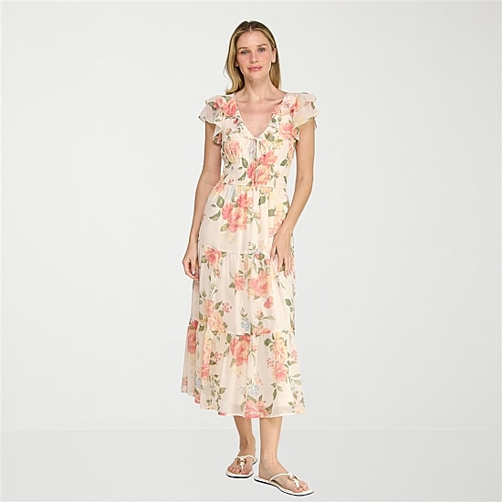 Trixxi Womens Midi V Neck Short Sleeve Flutter Chiffon Floral Fit + Flare Dress