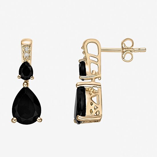 Womens Genuine Black Onyx 10K Gold Pear Drop Earrings