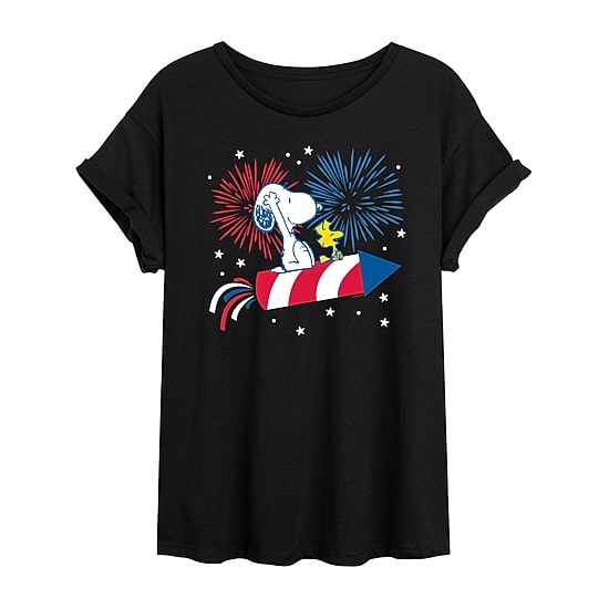 Snoopy And Woodstock Firecracker Womens Juniors Crew Neck Short Sleeve Regular Fit Peanuts Snoopy Graphic T-Shirt