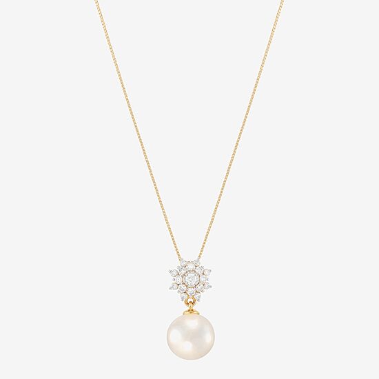 Womens 1/4 CT. T.W. White Cultured Freshwater Pearl 10K Gold Bell Flower 18 Inch Pendant Necklace