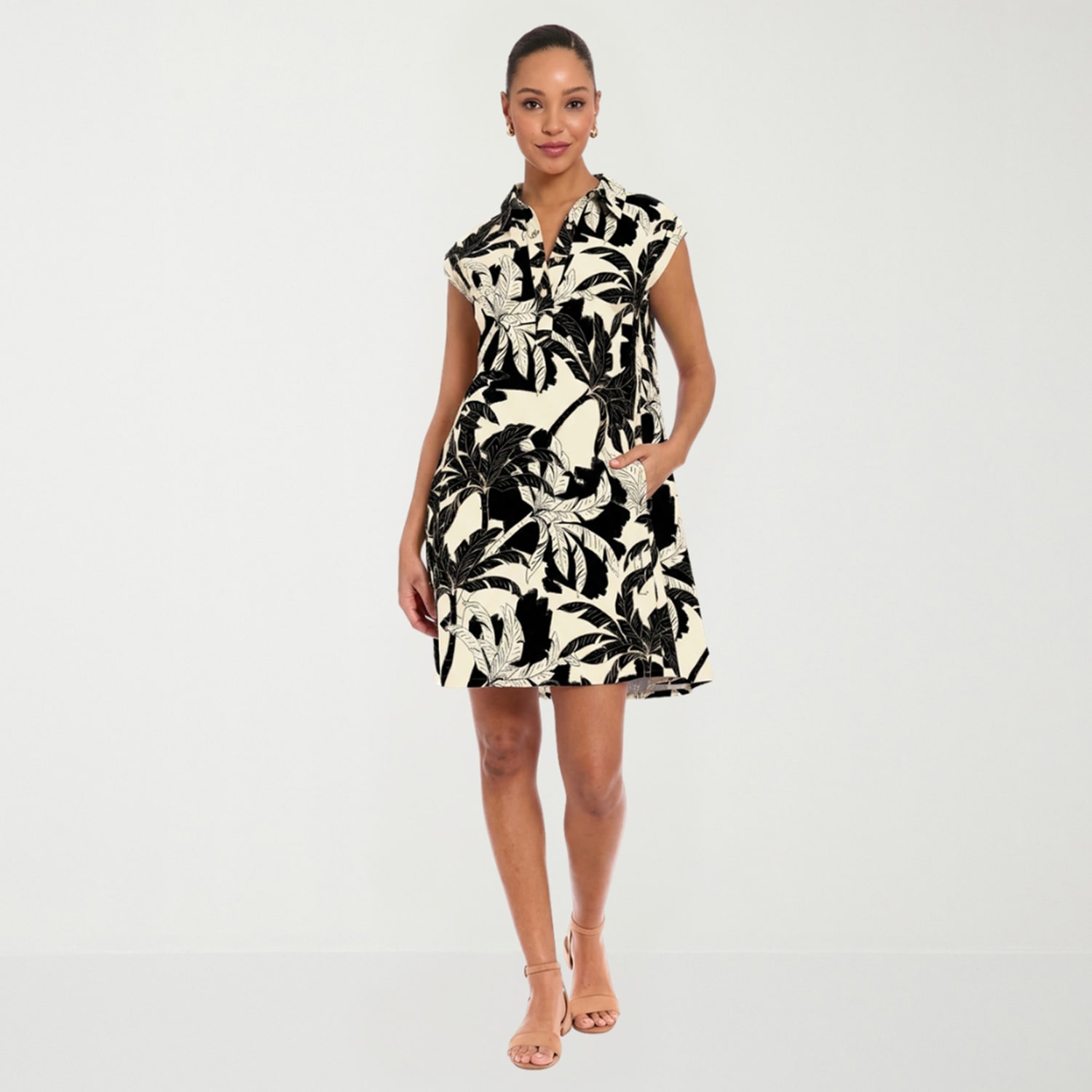 London Times Womens Notch Neck Short Sleeve Leaf Shift Dress