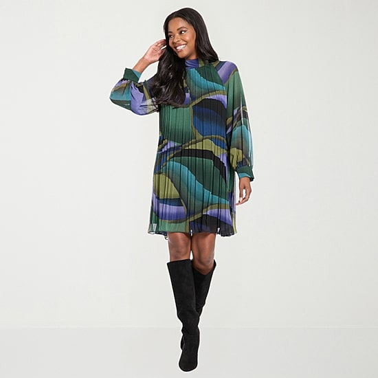 london times green dress Women's Mock Neck Long Sleeve Abstract Shift | | Petites Petite Small | Dresses Shift Dresses SET