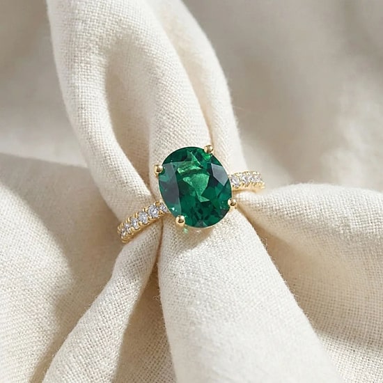 Womens 3/8 CT. T.W. Lab Created Green Emerald 14K Gold Oval Side Stone Cocktail Ring