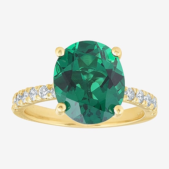 Womens 3/8 CT. T.W. Lab Created Green Emerald 14K Gold Oval Side Stone Cocktail Ring