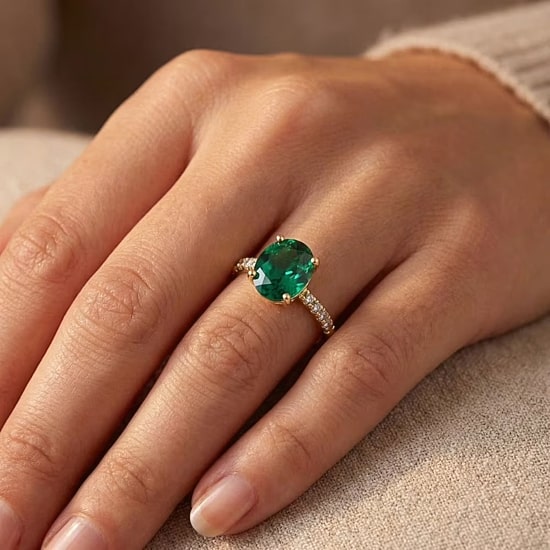 Womens 3/8 CT. T.W. Lab Created Green Emerald 14K Gold Oval Side Stone Cocktail Ring