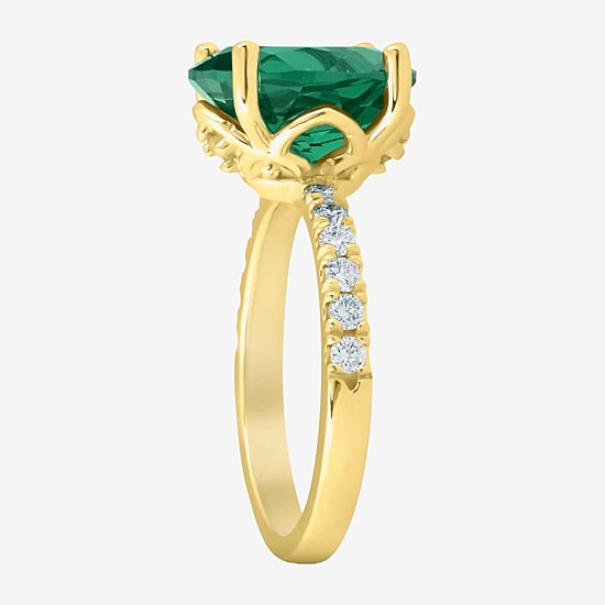 Womens 3/8 CT. T.W. Lab Created Green Emerald 14K Gold Oval Side Stone Cocktail Ring
