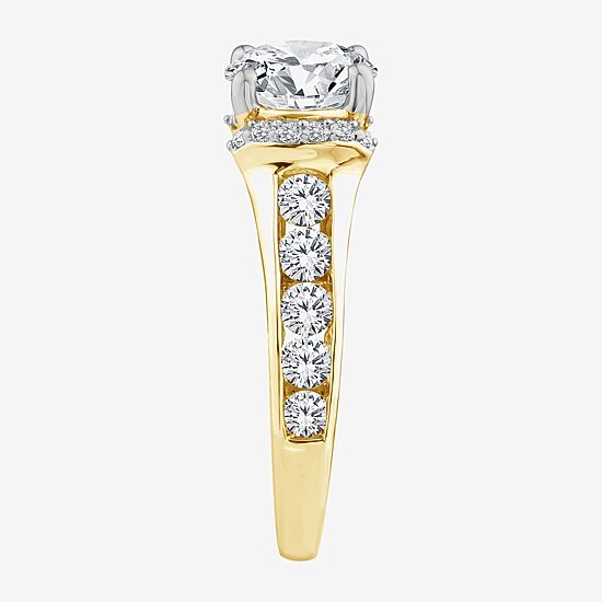 (F / Vs2) Womens 3 CT. T.W. Lab Grown White Diamond 14K Gold Round Side Stone Engagement Ring
