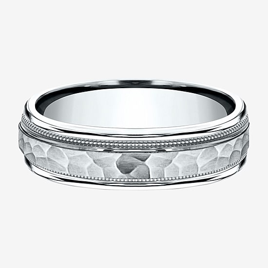  Mens 10K White Gold 6mm Hammered Band