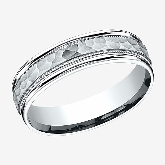  Mens 10K White Gold 6mm Hammered Band