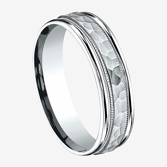  Mens 10K White Gold 6mm Hammered Band